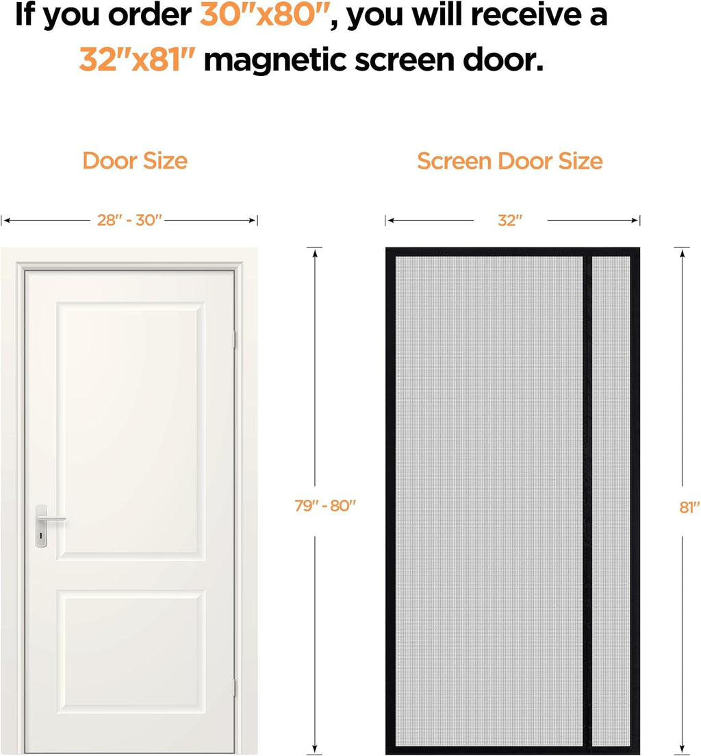 Sunolga Magnetic Screen Door Fits Door Size 30 x 80 Inch, Actual Screen Size 32 x 81 Inch, Reversible Left Right Side Opening, Sturdy Polyester Mesh Curtain Hands Free for Patio, Sliding Door, Black
