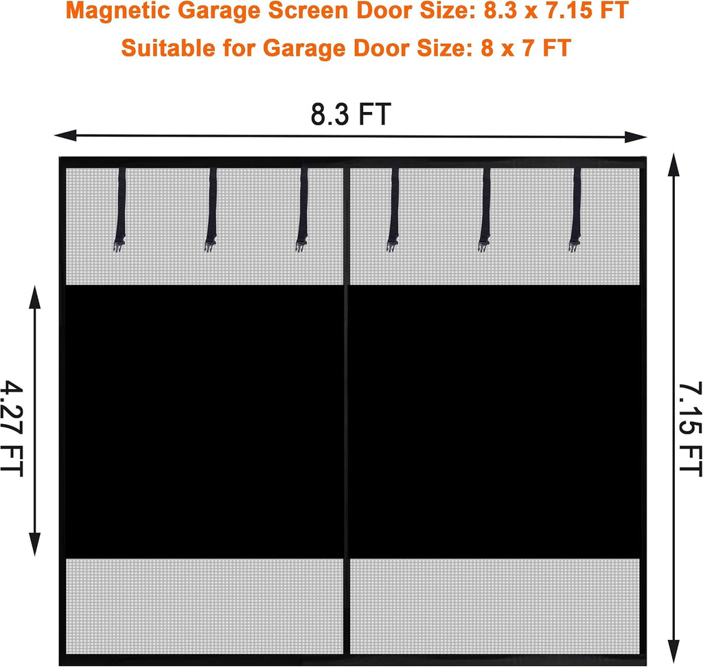 Sunolga 8x7 Ft Privacy Garage Door Screen for 1-Car Garage, Heavy Duty Magnetic Screen Door with Strong Magnets and Strapping Tapes, Hands-Free Mesh for Patio and Porch, Black