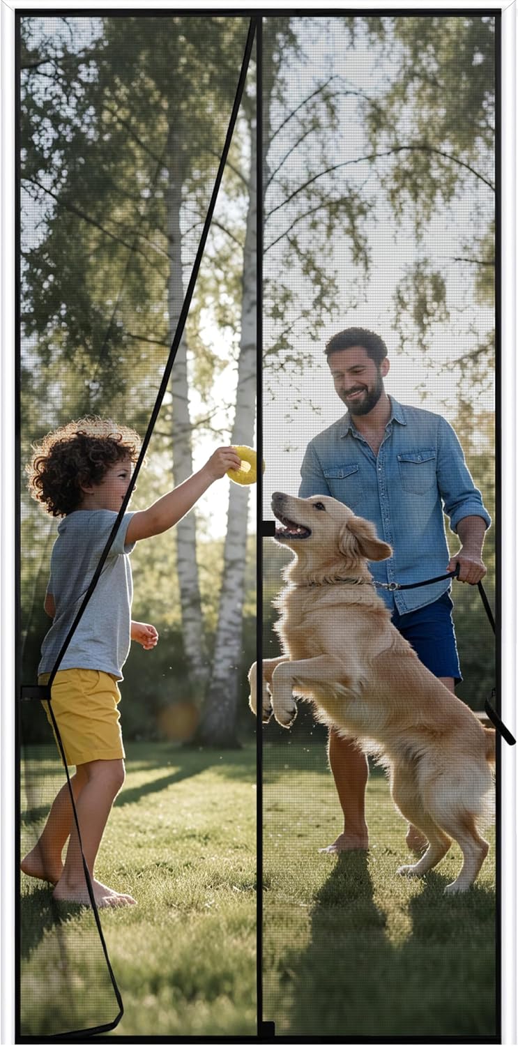 Sunolga 32 x 81 Inch Magnetic Screen Door, Fits Doors Size 30 x 80 Inch, Reinforced Polyester Screen Door Mesh with Full Frame Hook & Loop, Door Screen Magnetic Closure for Hands-Free