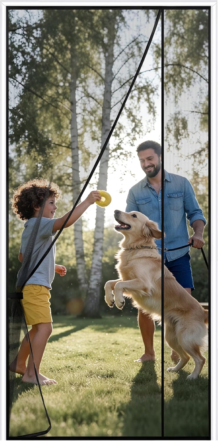 Sunolga Magnetic Screen Door Fits Door Size 30 x 80 Inch, Actual Screen Size 32 x 81 Inch, Reversible Left Right Side Opening, Sturdy Polyester Mesh Curtain Hands Free for Patio, Sliding Door, Black