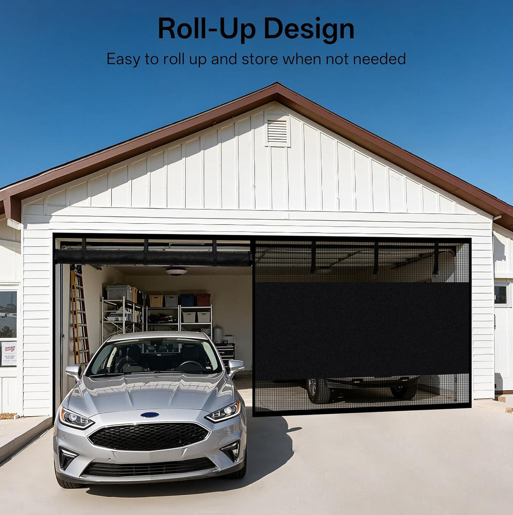 Sunolga 8x7 Ft Privacy Garage Door Screen for 1-Car Garage, Heavy Duty Magnetic Screen Door with Strong Magnets and Strapping Tapes, Hands-Free Mesh for Patio and Porch, Black