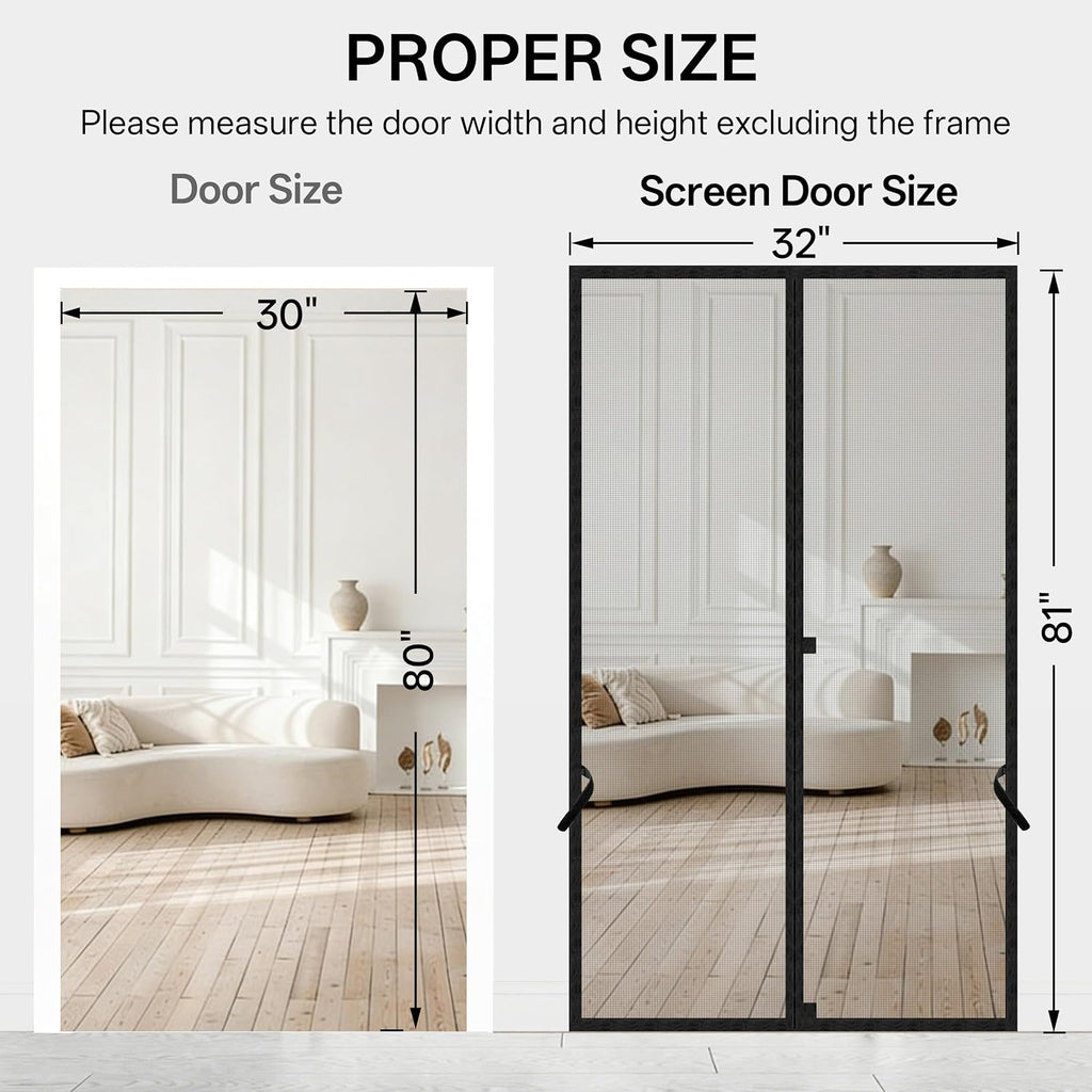 Sunolga 32 x 81 Inch Magnetic Screen Door, Fits Doors Size 30 x 80 Inch, Reinforced Polyester Screen Door Mesh with Full Frame Hook & Loop, Door Screen Magnetic Closure for Hands-Free